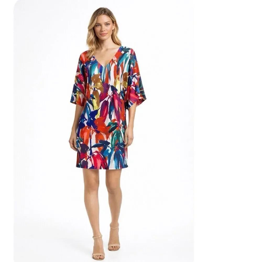 Trina Turk Autumn Jungle Jersey Shift Dress Size 4 Multicolor Leaf 1/2 Sleeve